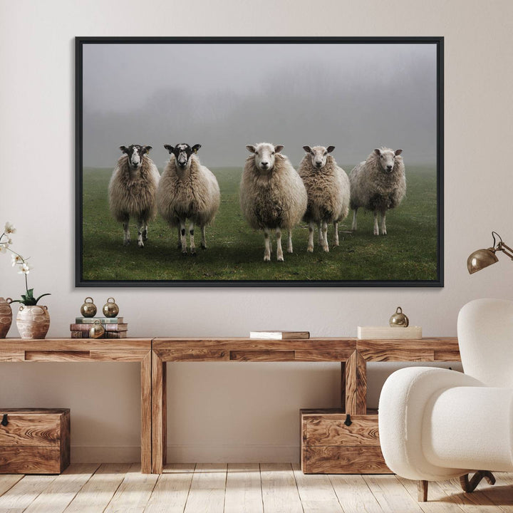 The Flock of Sheep in a Mystical Fog canvas print is framed and ready to hang.