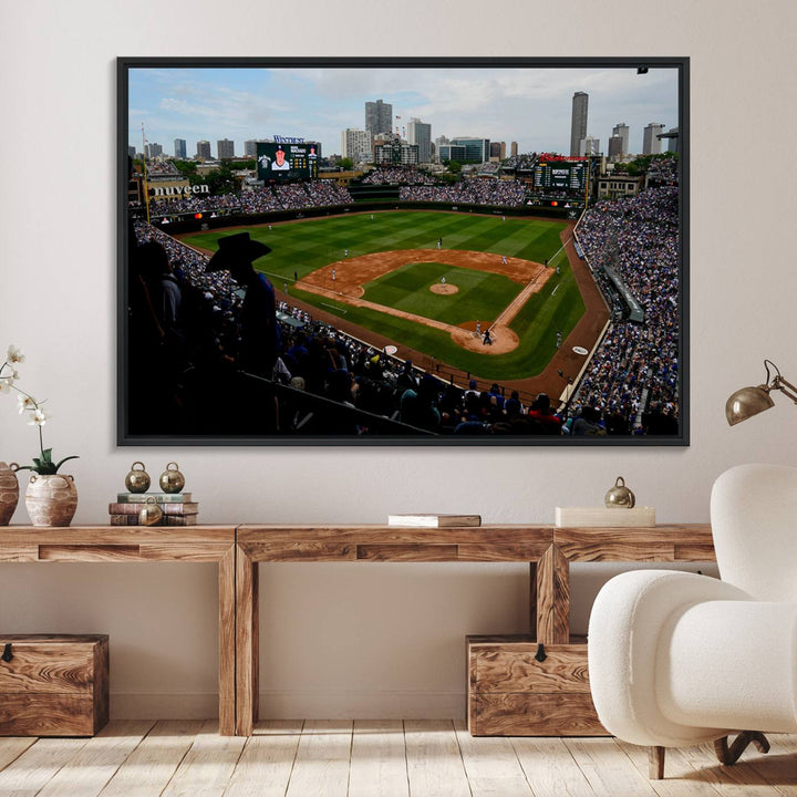 Admire this museum-quality canvas print of a Chicago Cubs game with a cityscape view from the stands at Wrigley Field.