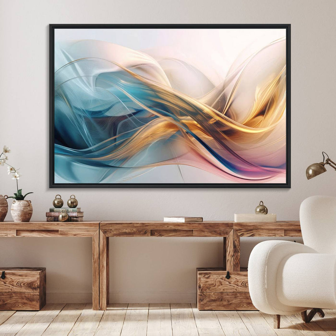 Abstract Flowing Colors Wall Art featuring blue, gold, and pink adds modern elegance to the space.