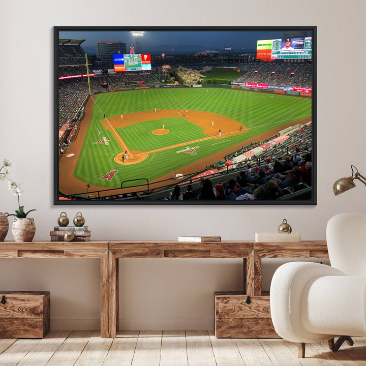 The Angel Stadium Aerial View canvas print of an Angels baseball game is showcased.