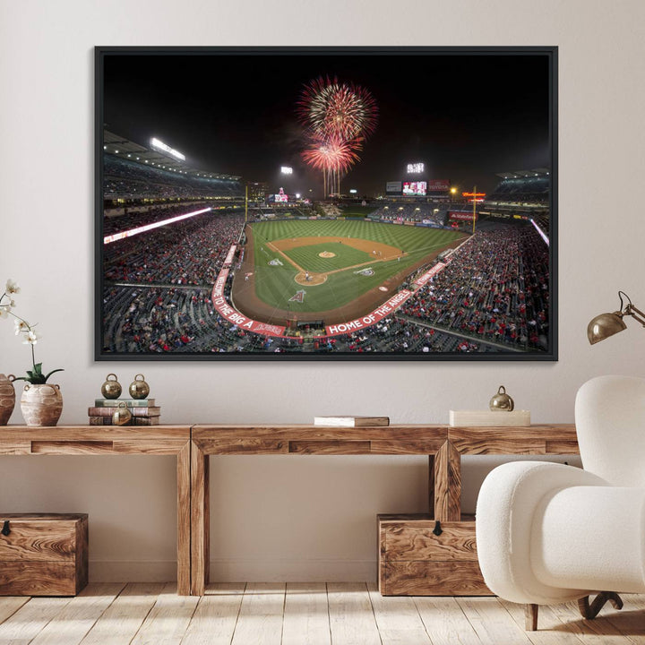 Fireworks at Angel Stadium – LA Angels Night Game Canvas Print, framed and ready to hang.