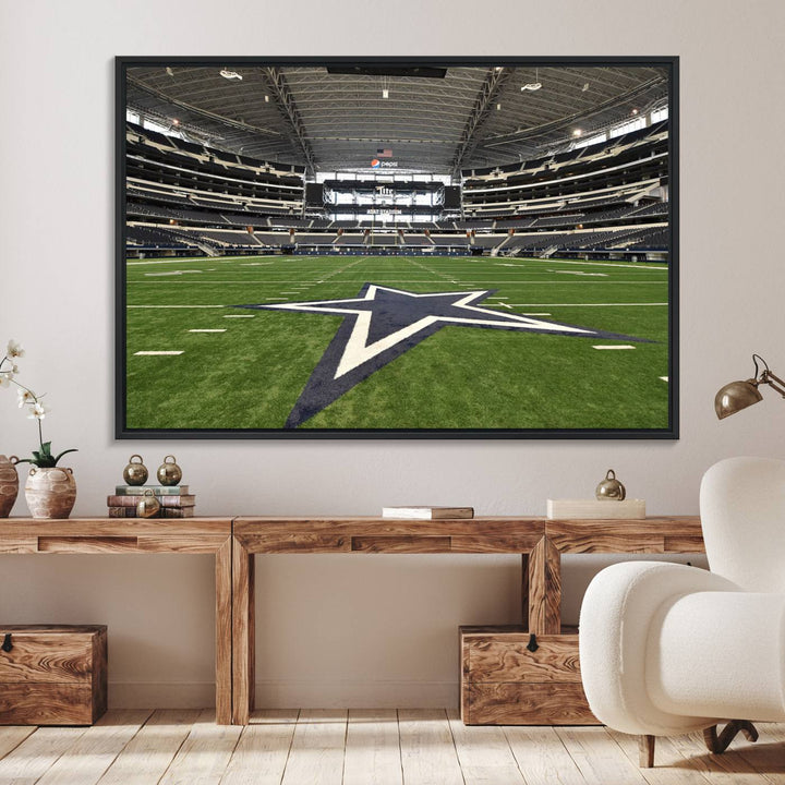 AT&T Stadium Dallas Cowboys Canvas Print displayed above a dining table.