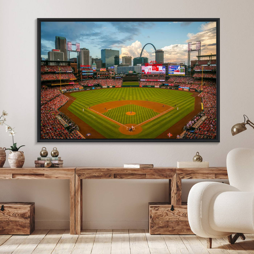 A Busch Stadium canvas print featuring a cityscape, ideal for enhancing living room or man cave sports decor.