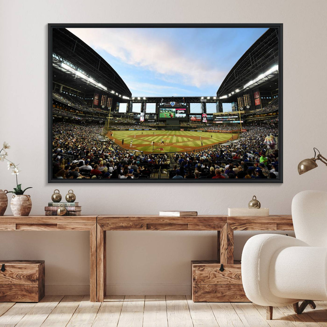 The wall art is an Arizona Diamondbacks Baseball Print depicting a packed Chase Field Stadium under a clear blue sky.