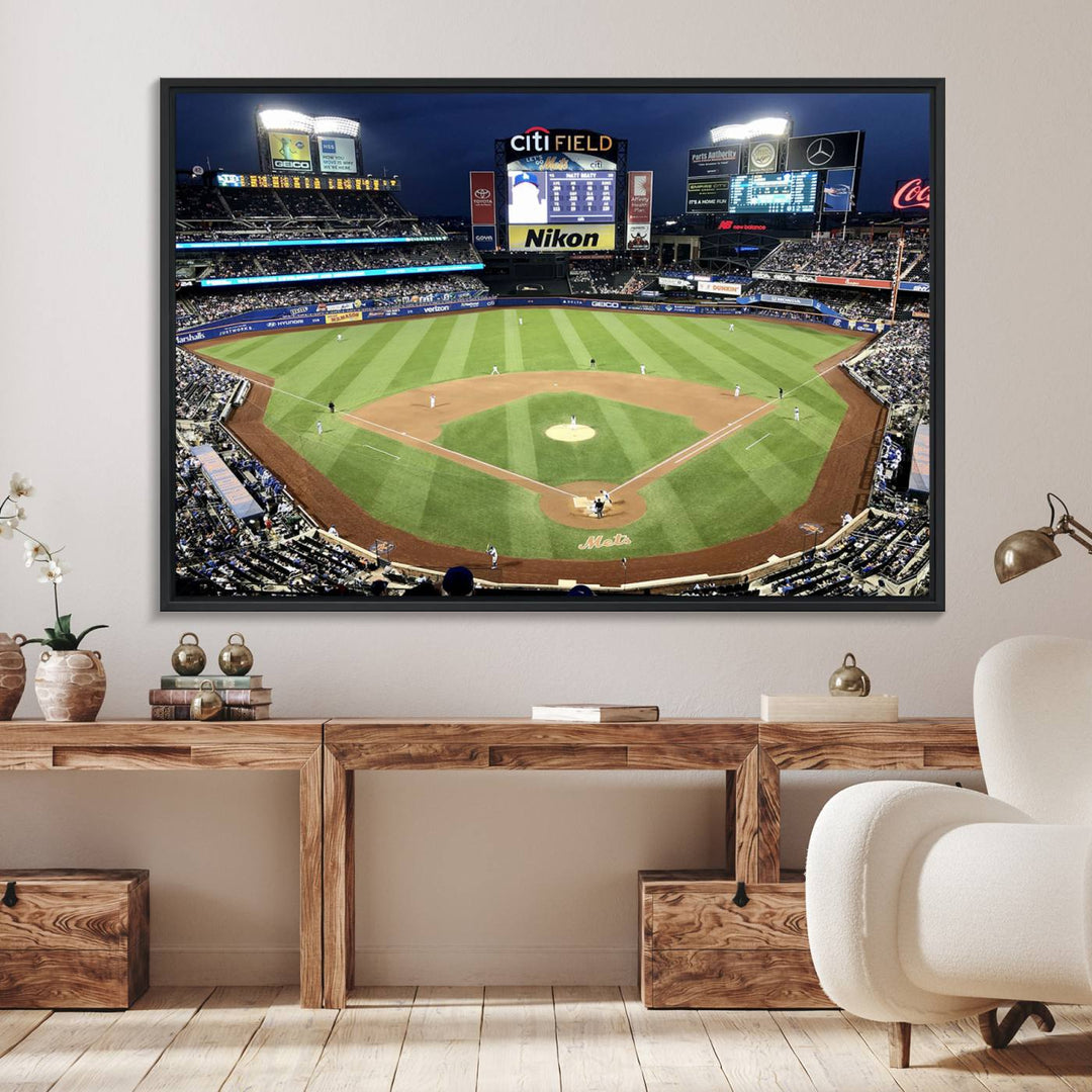 The wall is adorned with a 3-panel Citi Field Wall Art Print, framed for sports-themed decor.