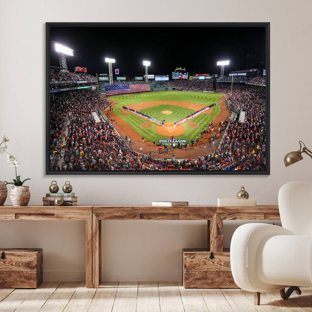 The Fenway Park Wall Art Canvas Print showcases a stunning aerial view of Bostons iconic ballpark at night, making it an ideal piece for any Red Sox enthusiast.