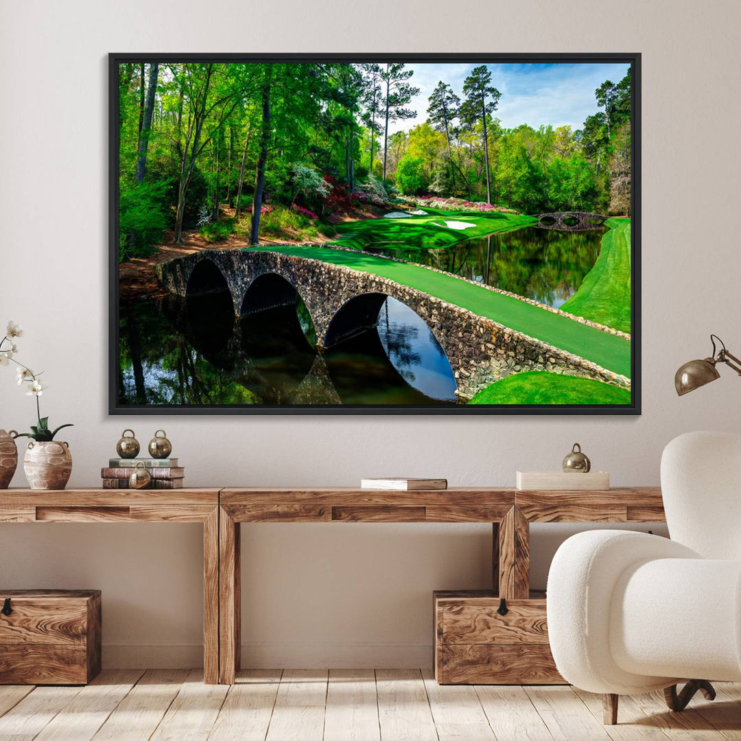 The wall art from Augusta National Golf Club showcases a panoramic bridge set against rich, lush greenery on a framed triptych canvas.