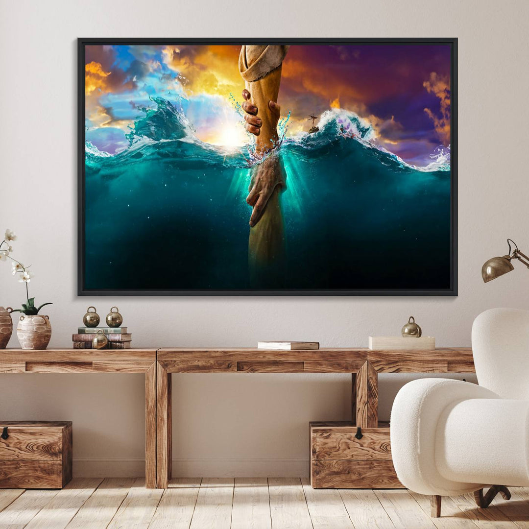 The God Hand Wall Art Canvas Print depicts hands reaching through water against a vibrant sky.