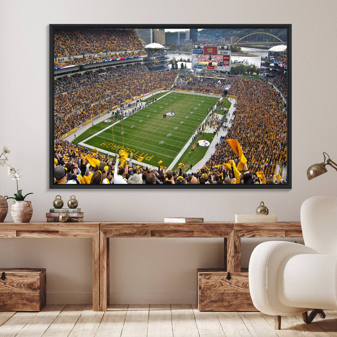 Heinz Field wall art and a cityscape serve as the backdrop.