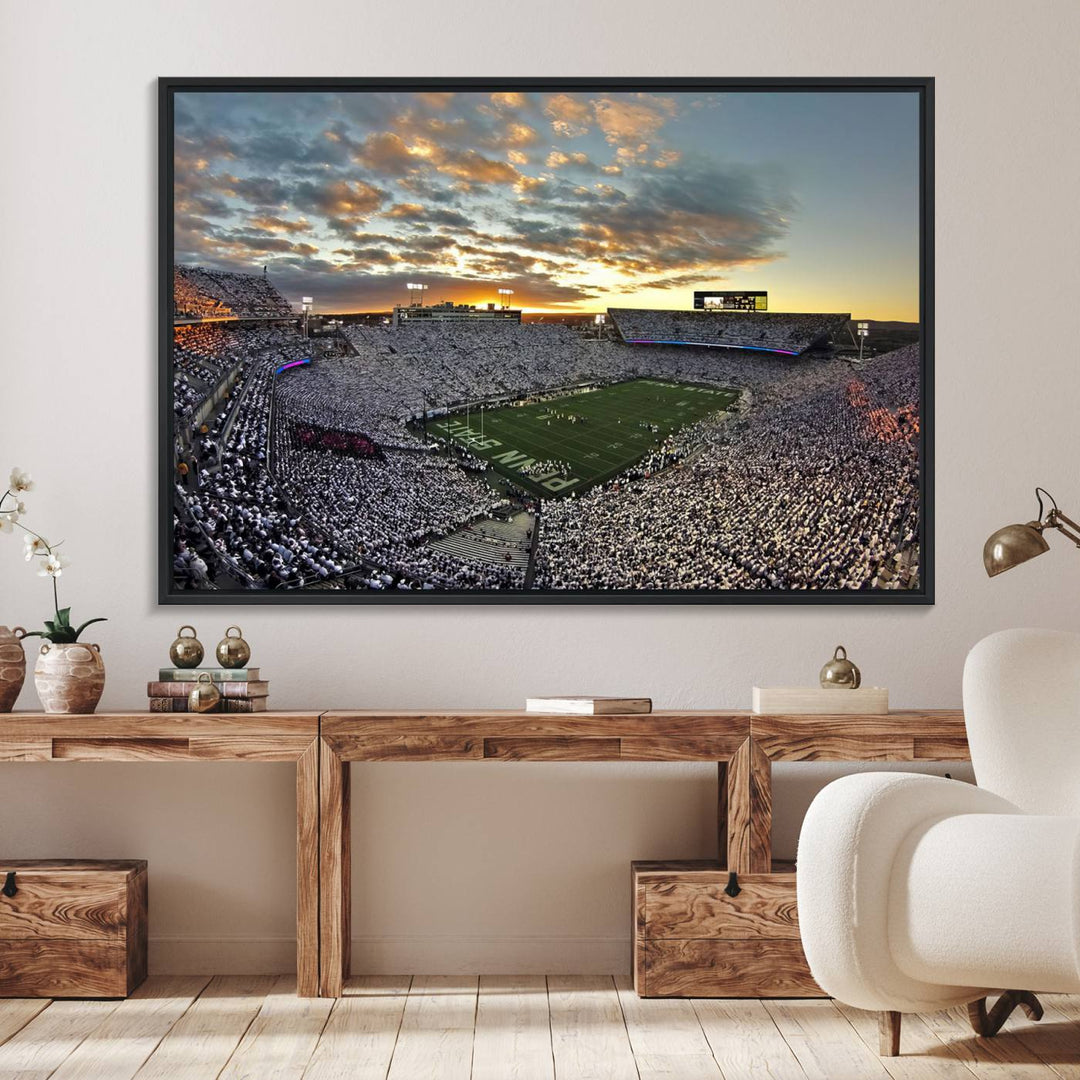 Enhance your dining area with team spirit by mounting the Beaver Stadium Wall Art, capturing sunsets in elegant style.