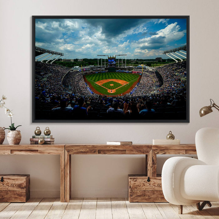 A 3-panel print of Kauffman Stadium, showcasing a crowded baseball field under cloudy skies.