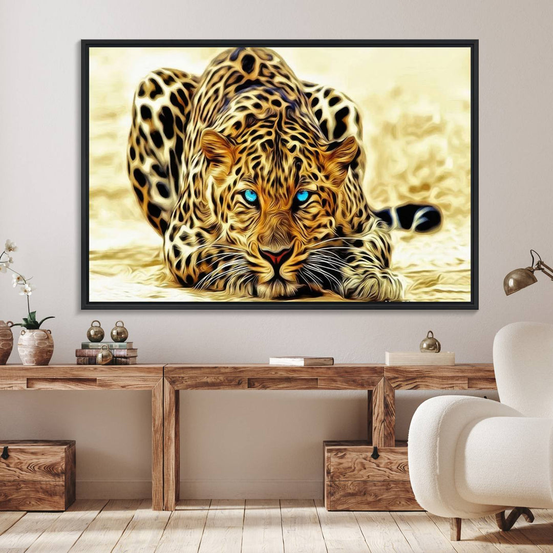 The Blue-Eyed Leopard Canvas Wall Art features a fierce and captivating design, perfect for wildlife enthusiasts. Its bold imagery makes it a striking decor piece, ready to hang.