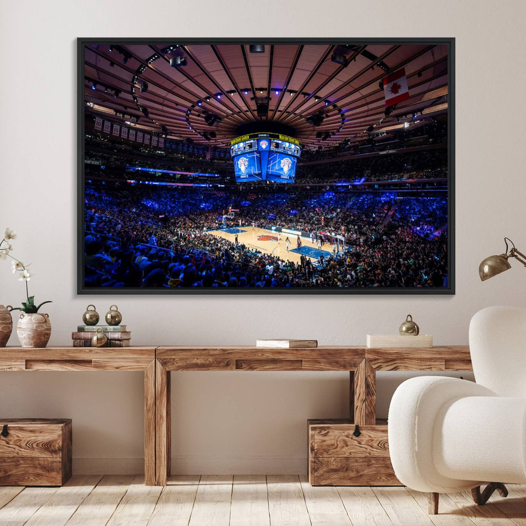 A print depicting an NBA game at Madison Square Garden, highlighting the scoreboard.