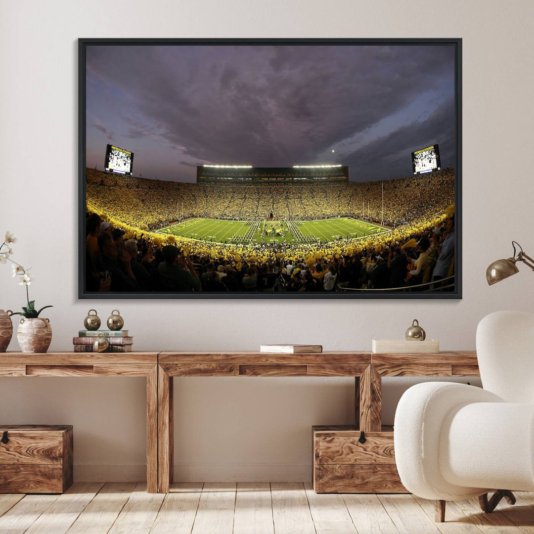 Michigan Stadium Wall Art Canvas Print of a night game by the Wolverines.