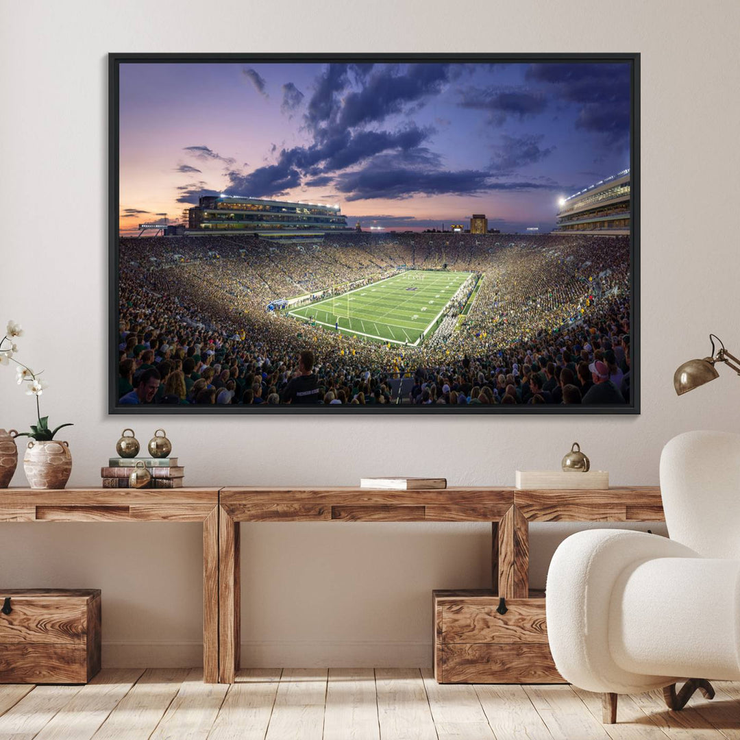 As the sun sets, a stunning backdrop highlights the Notre Dame Fighting Irish Football Team Print.