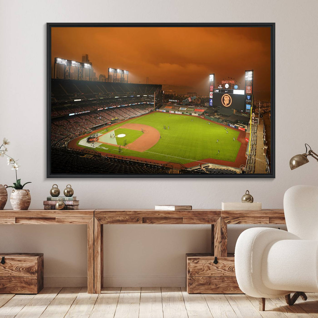 A canvas depicting an Oracle Park game with an orange sky, from SF Giants Stadium Wall Art.