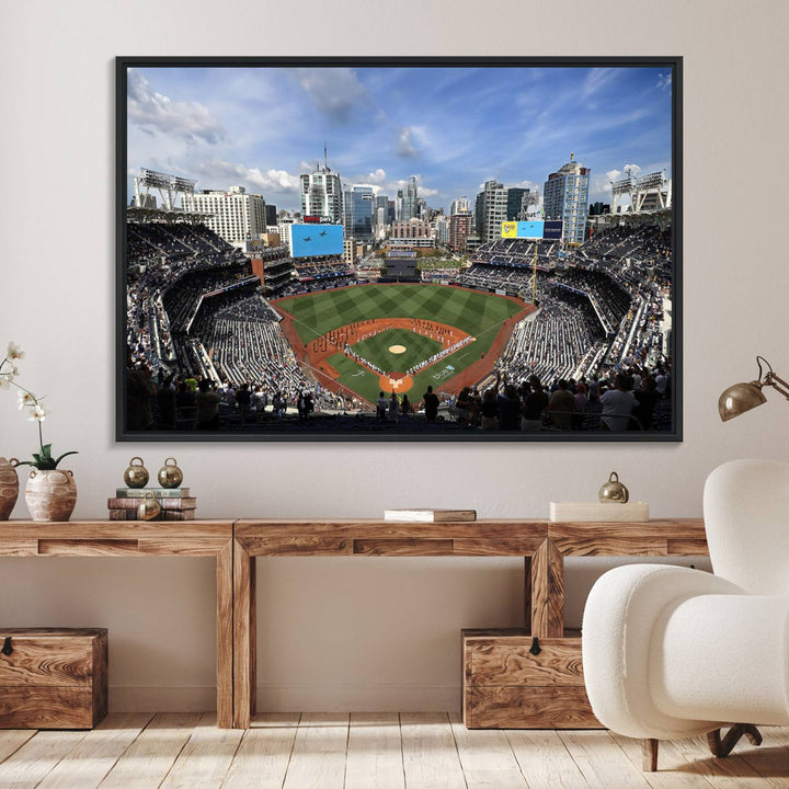 The San Diego Padres Baseball Canvas Print of Petco Park enhances the modern kitchen-dining area.