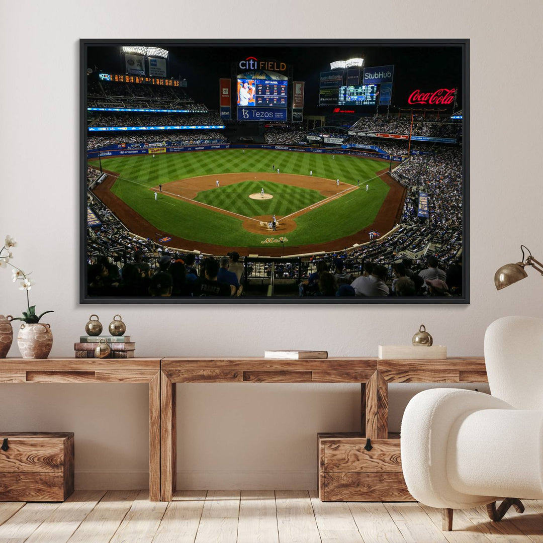 A print of the Oakland Athletics game at RingCentral Coliseum hangs on the wall.