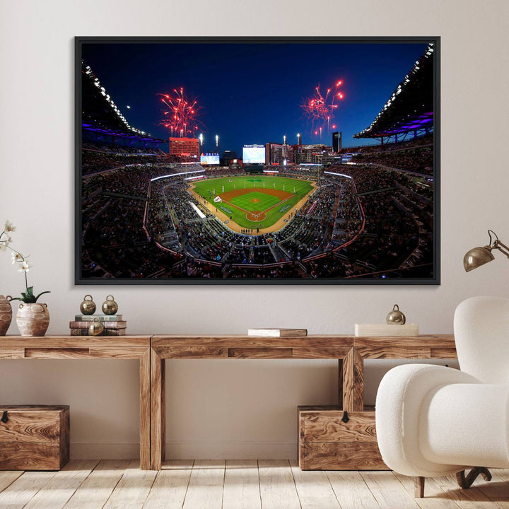 Truist Park wall art: fireworks over a Braves crowd, a large 3-panel canvas, framed and ready-to-hang.