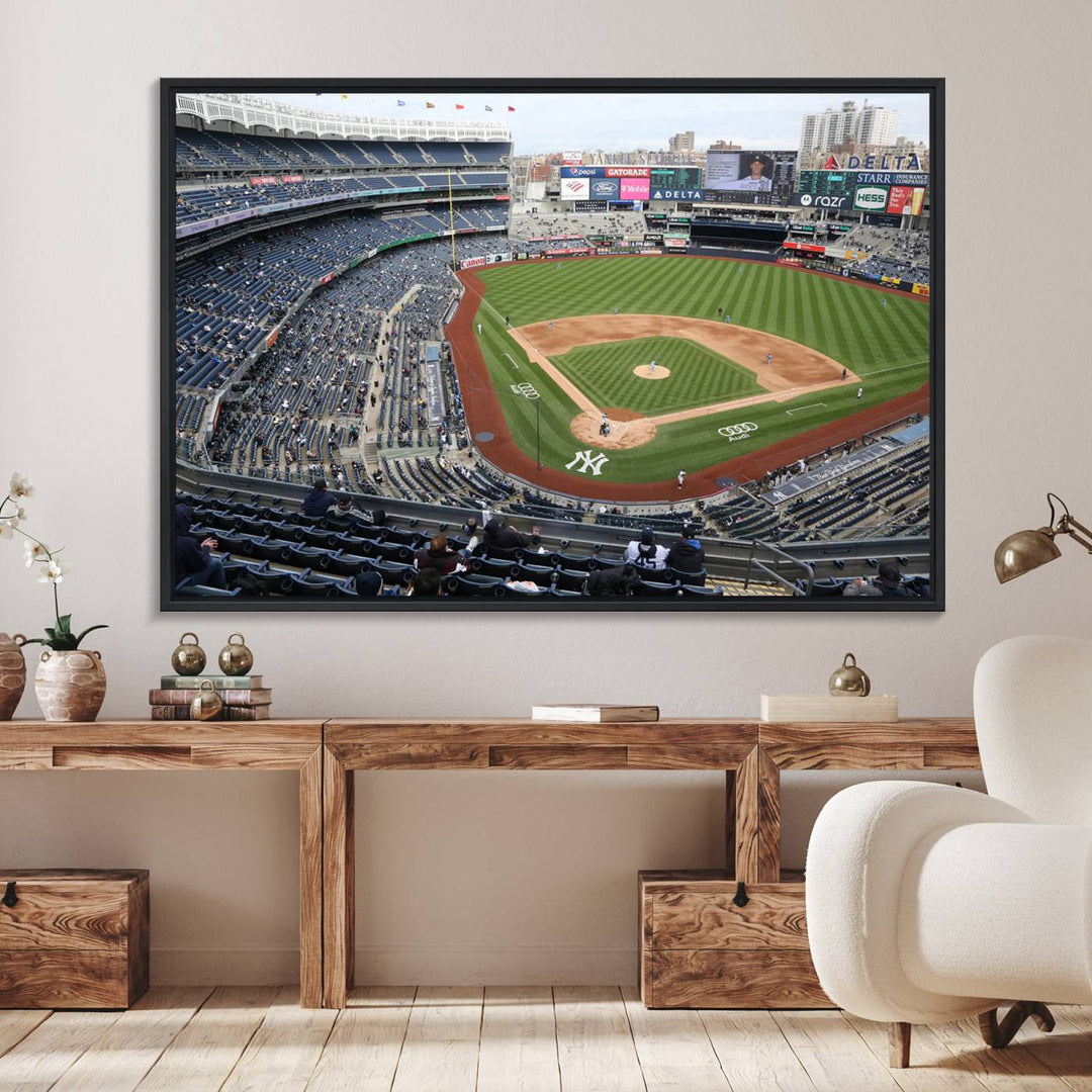 Aerial view of Yankee Stadium filled with fans, showcased on a New York Yankees Stadium Wall Art Canvas Print.