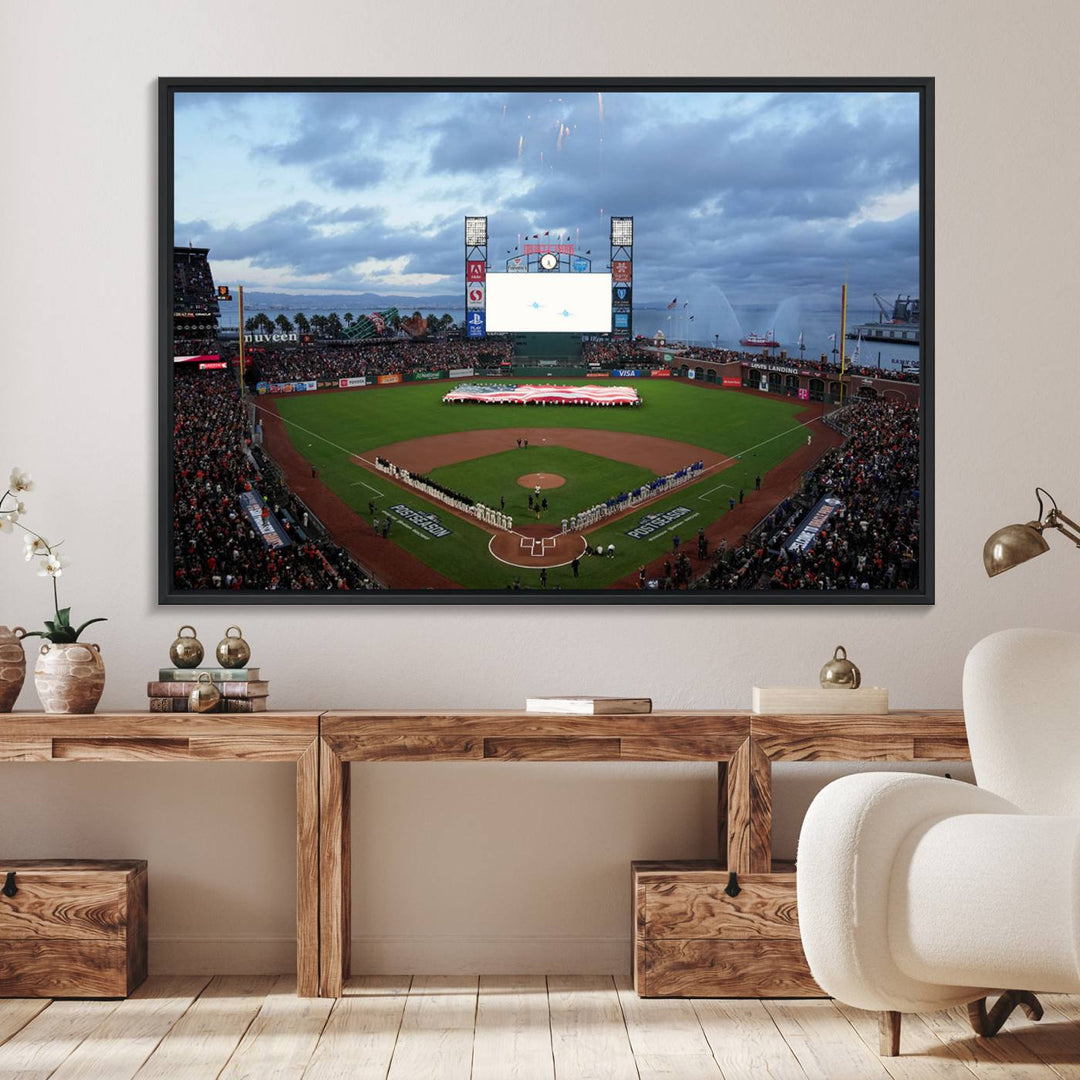 This framed 3-panel canvas MLB wall art features a giant flag and fans under a cloudy sky at Oracle Park.