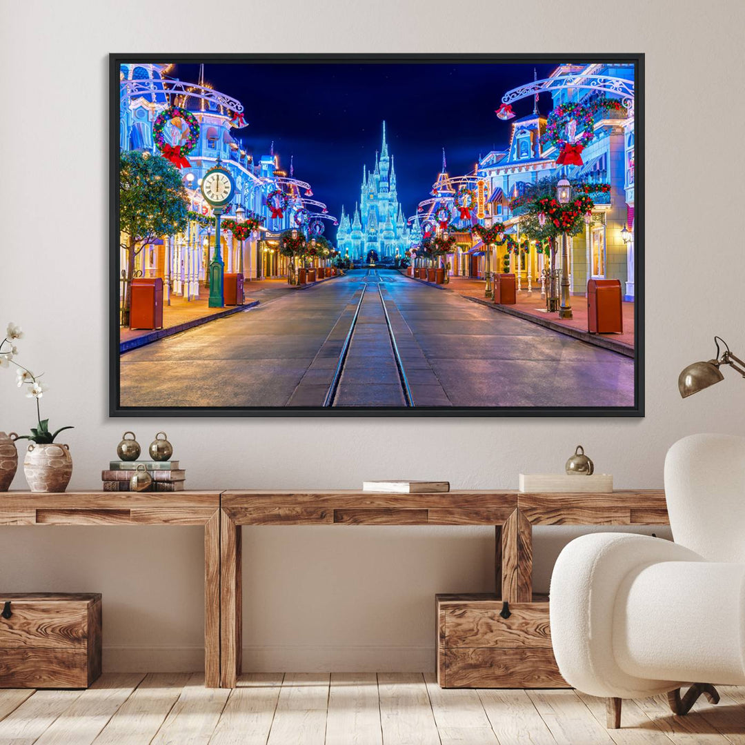 Disney wall art featuring a fantasy castle street at night.