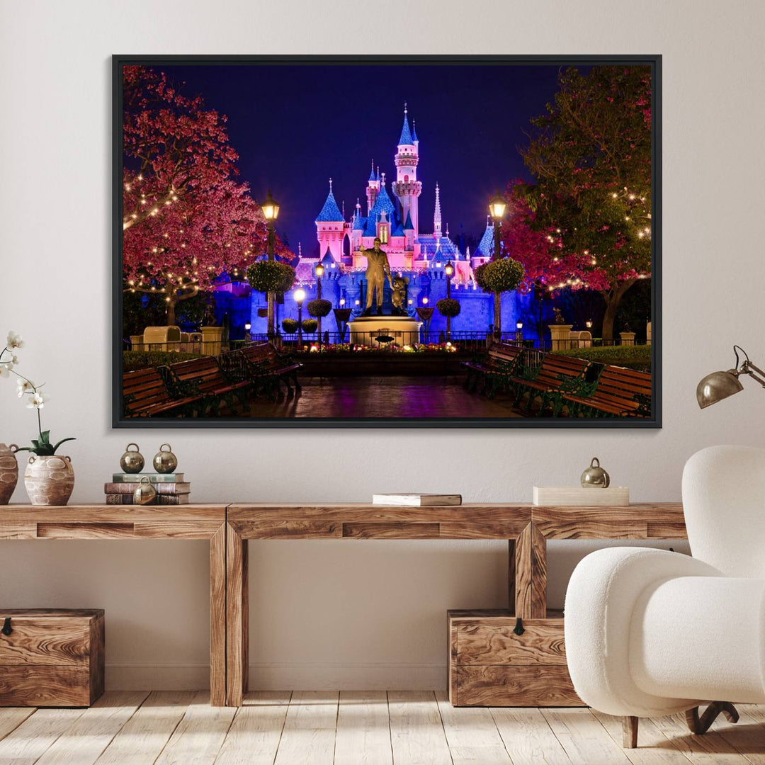 The Castle Large Wall Art is surrounded by illuminated trees at night.