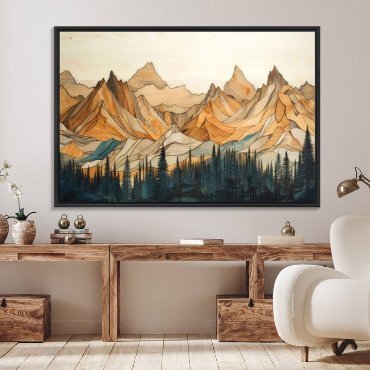 A triptych giclee print of mountains decorates the wall above the counter.