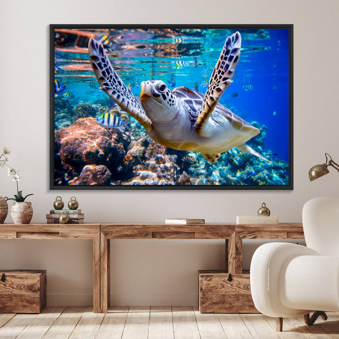 The Underwater Sea Turtle Wall Art Canvas Print serves as vibrant ocean décor, enhancing the kitchen with its stunning depiction.