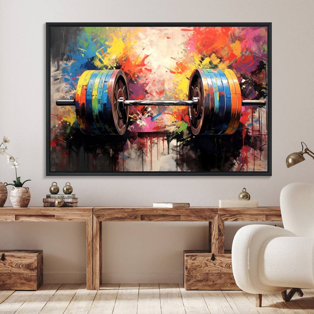 The Weightlifting Barbell Art Triptych hangs prominently on the wall.