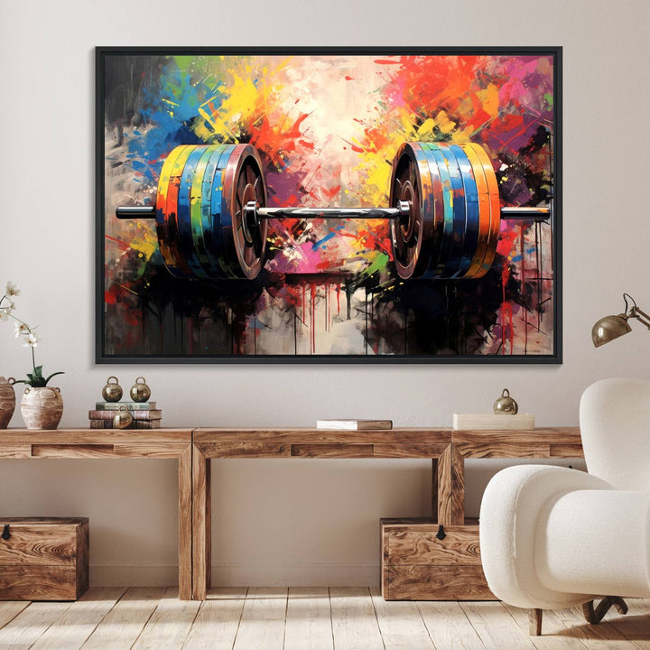 The Weightlifting Barbell Art Triptych hangs prominently on the wall.