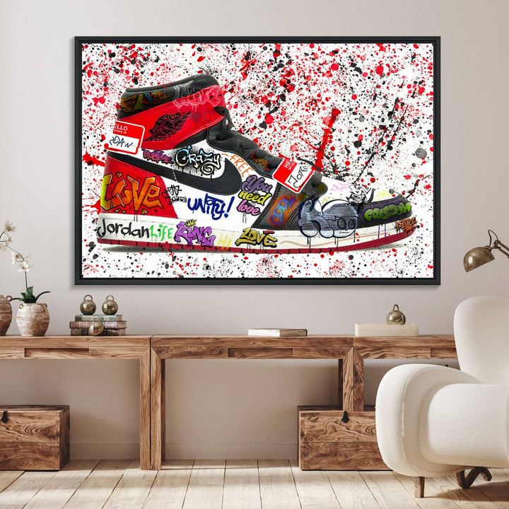 A Jordan Shoes Graffiti Canvas Print hangs prominently, perfect for sneakerheads and urban art lovers.