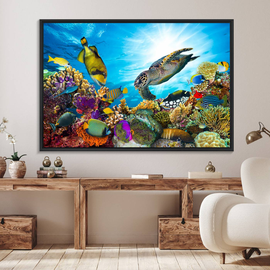 The Colorful Coral Reef and Sea Life Turtle Canvas Print brings vibrant ocean decor to your wall.