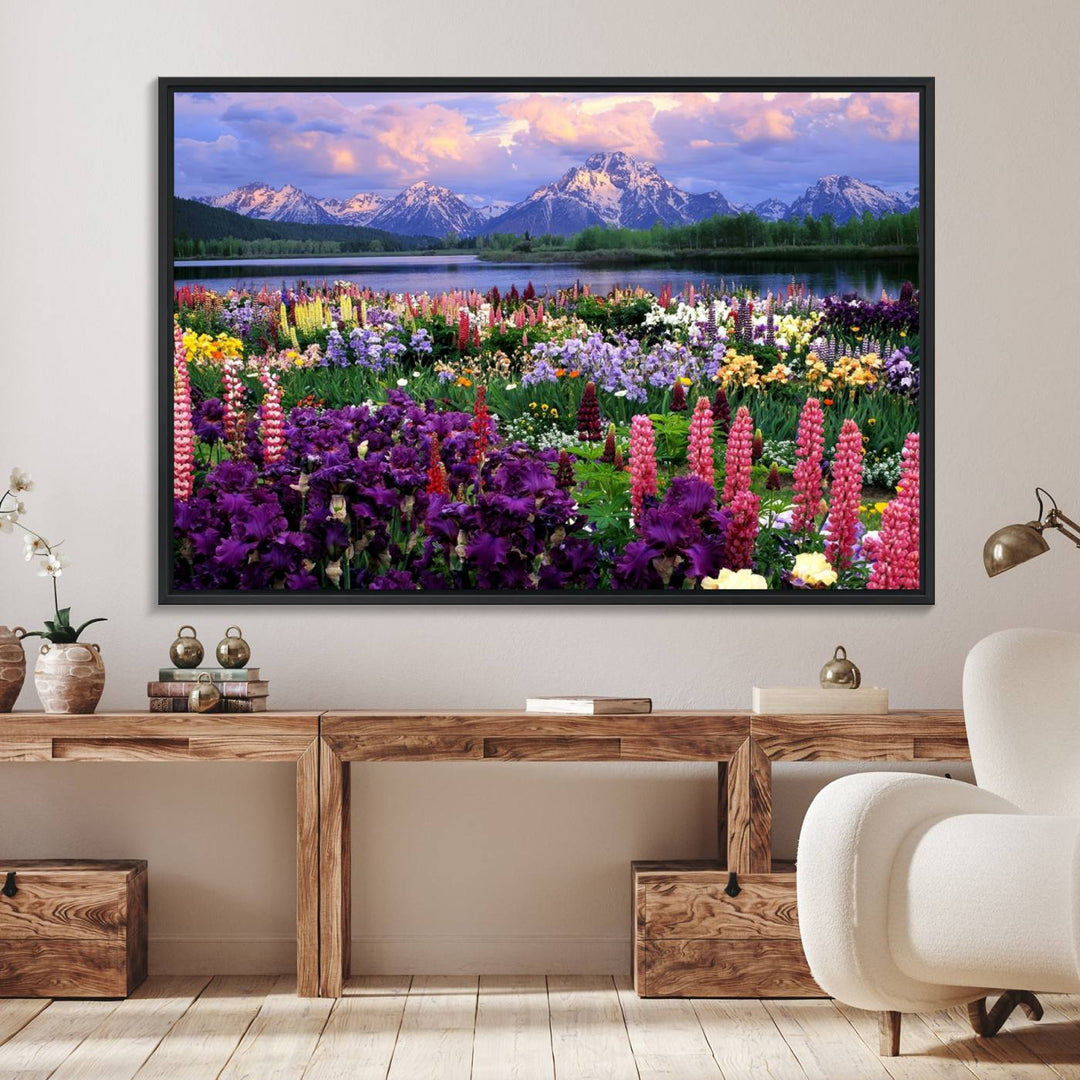 A Vibrant Wildflower Garden and Mountain View Giclee Print is displayed prominently on the wall.