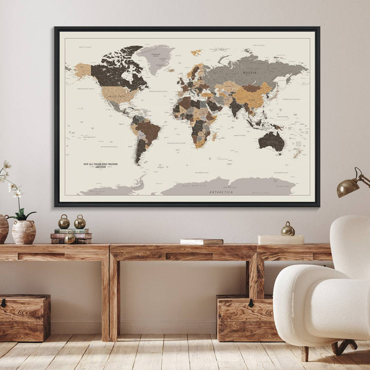 Antique-style world map canvas print with Not all those who wander are lost, perfect for vintage decor.