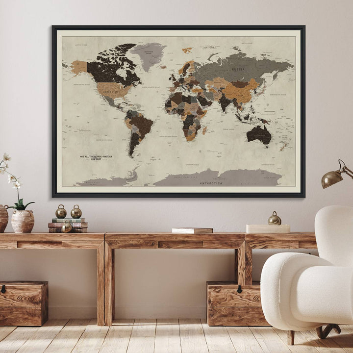 A vintage world map on beige canvas, featuring countries in brown and black shades.