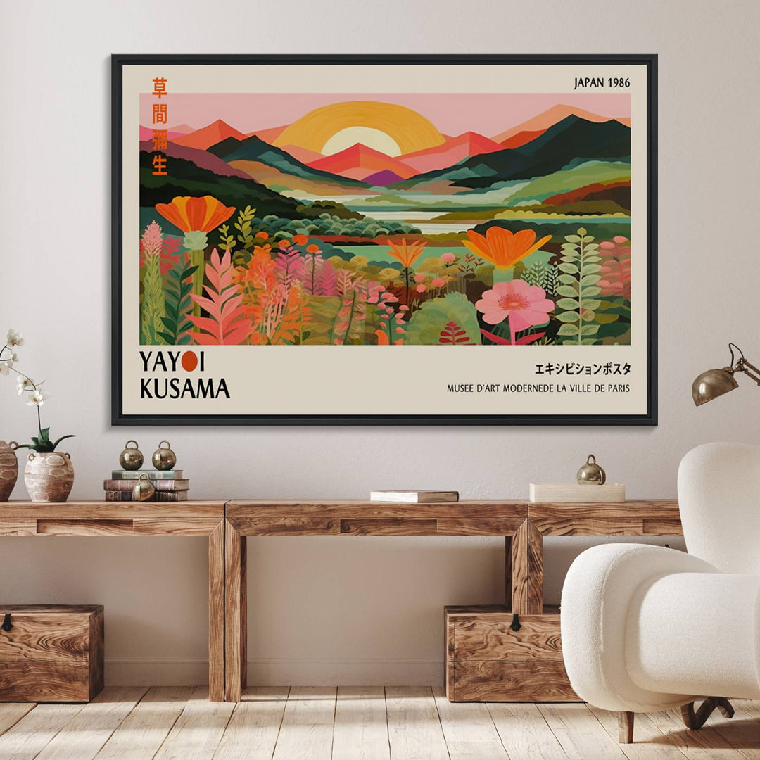 The Yayoi Kusama Landscape Canvas Print, featuring vibrant floral mountains and sunset scenery, enhances the room.