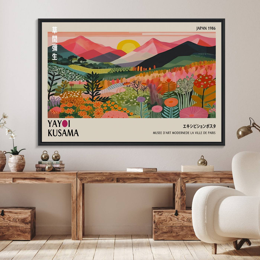 The wall art includes a vintage world map and Yayoi Kusamas colorful landscape.