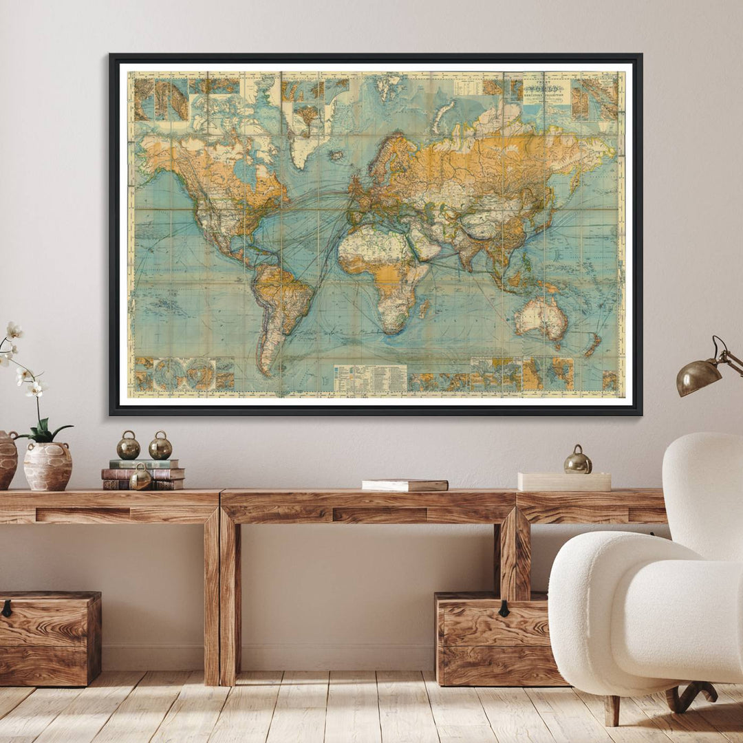 The living room features an Ancient Nautical World Map Canvas Print.