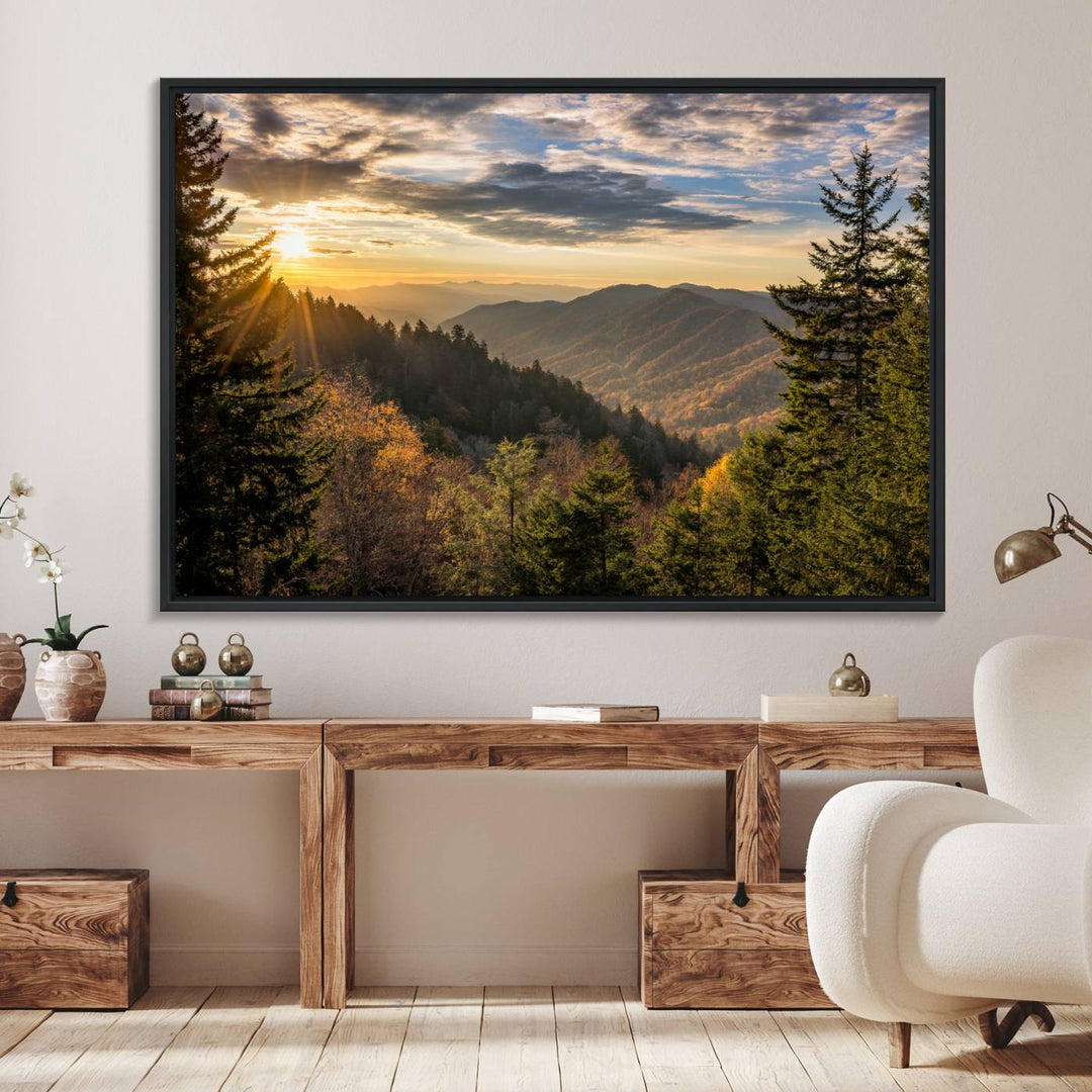 A triptych canvas titled Sunrise Over the Smoky Mountains adorns the wall.