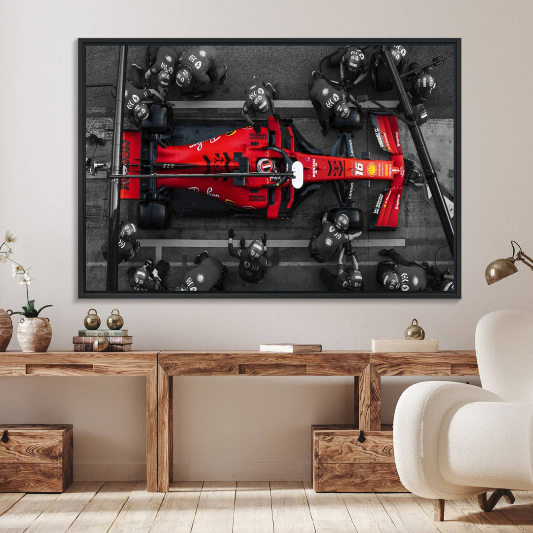 Ferrari Pit Stop Canvas Wall Art displayed prominently in the living room.