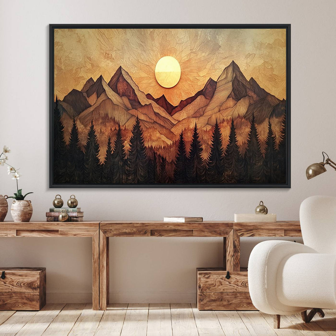 The dining area features a Wood Style Abstract Mountain Sunset canvas wall art print.