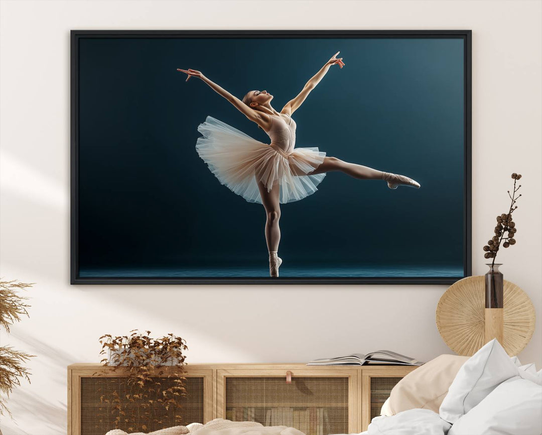 This stunning Ballerina Canvas Wall Art Print captures the elegance of a ballet dancer in motion, beautifully highlighted against a stage-like backdrop with delicate decor and natural elements. As graceful dance-inspired wall decor, it adds an element of grace and movement to any living room, office, or bedroom and is ready to hang.