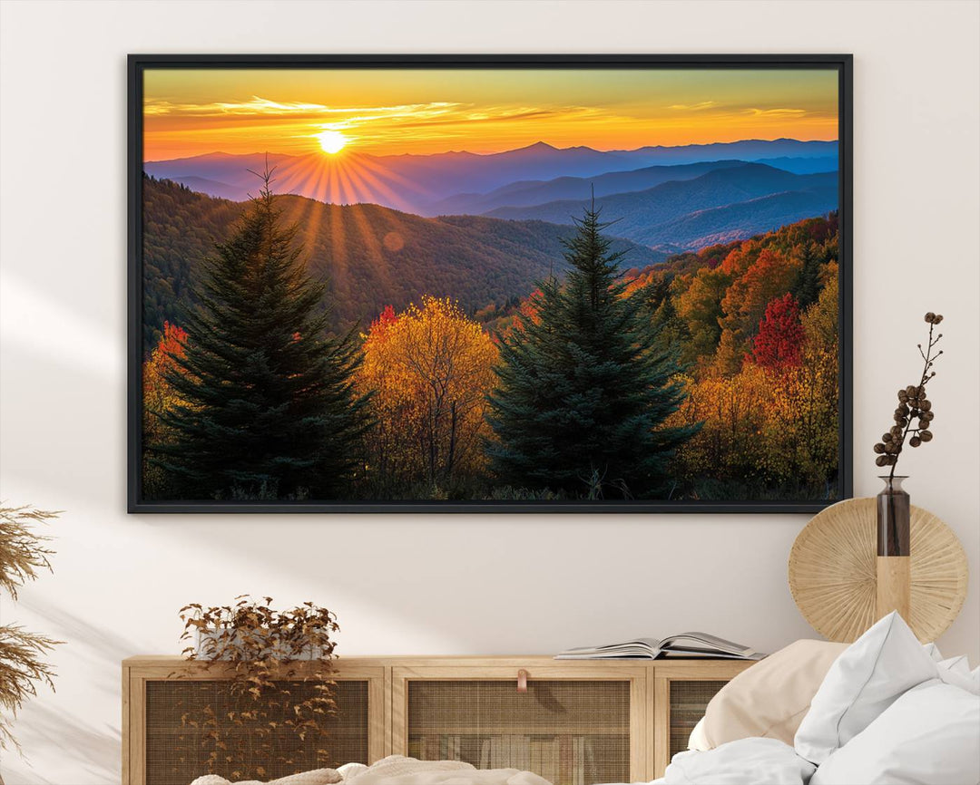 Golden Sunset Over Mountain Forest Canvas Wall Art Print - Warm Nature-Inspired Landscape for Living Room, Dining Room, or Office, Ready to Hang