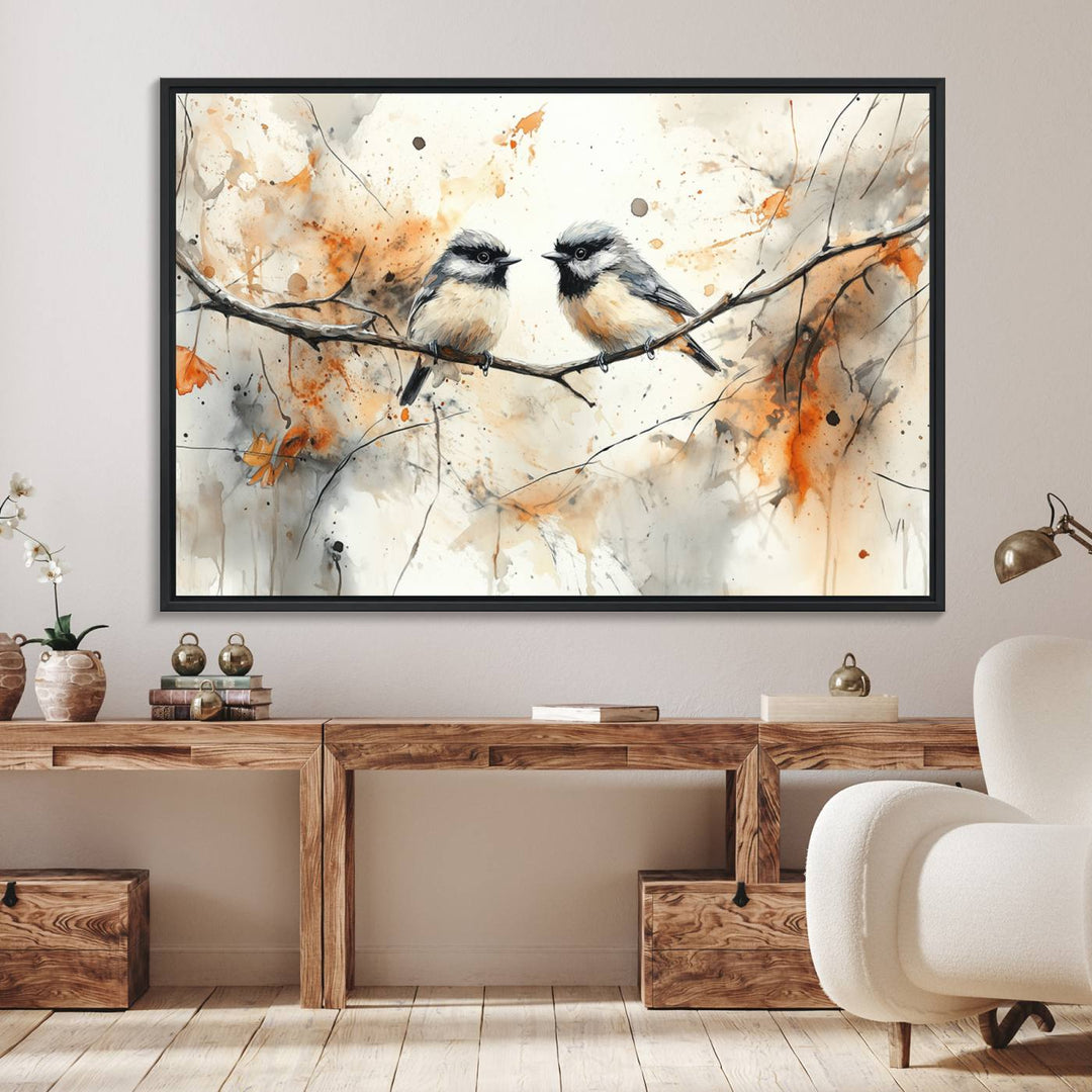 The living room features abstract watercolor chickadee bird art on the wall.