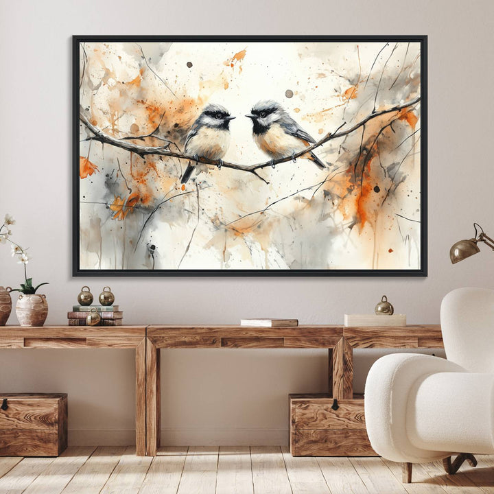 The living room features abstract watercolor chickadee bird art on the wall.