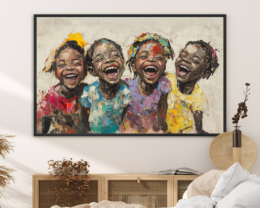 The Shai Yossef style "Joyful Childhood Canvas Wall Art" beautifully depicts an expressive impasto painting of three cheerful black children laughing, capturing the joyous essence of childhood.