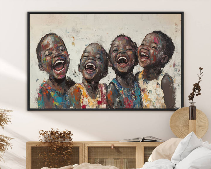 This Shai Yossef Print - Joyful Childhood Canvas Wall Art is an expressive impasto painting of laughing children. As framed abstract art for your living room, it adds a touch reminiscent of Shai Yossef's unique style to any living space.