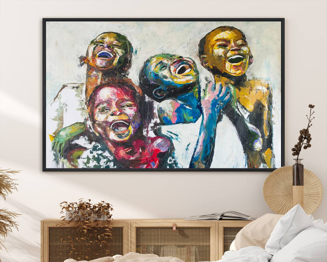 A multi-panel decor piece titled "Joyful African Black Kids" by Shai Yossef features a vibrant impasto painting of four children laughing and is elegantly displayed as premium canvas wall art.