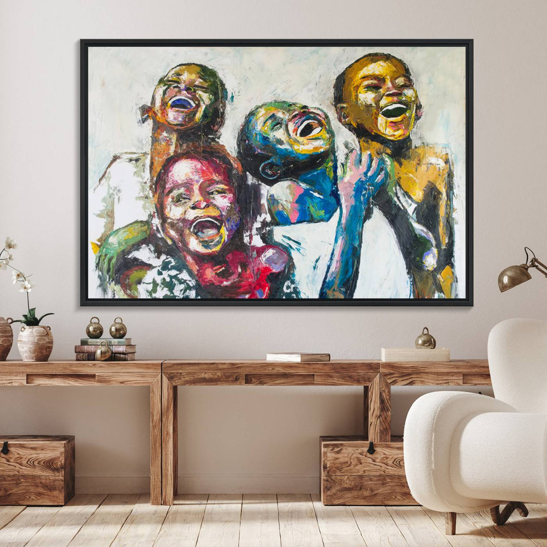 A vibrant Shai Yossef canvas art of joyful kids hangs prominently.